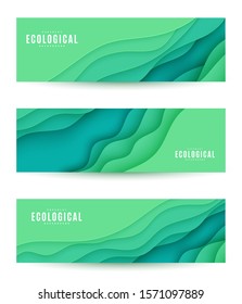 Three abstract horizontal flyer collection in cut paper style. Set of cutout green wave template for for save the Earth posters ecology environment elements. Vector aquamarine card illustration.