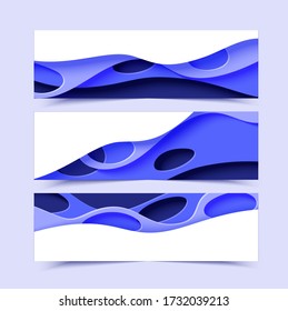 Three abstract horizontal flyer collection in cut paper style. Set of cutout blue waves with holes template for for save the Earth posters, World Water Day, eco brochures. Vector card illustration.