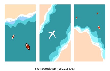 Tres ilustraciones abstractas de una playa oceánica, vista desde arriba, con agua, olas y un avión.