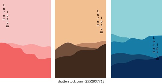 Three abstract landscape posters with minimalist mountain ranges in different colors. The design is simple and modern, perfect for wall art or interior decor.