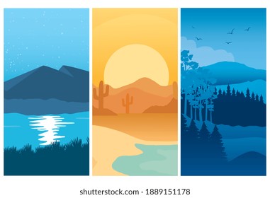three abstract landscapes scenes backgrounds vector illustration design
