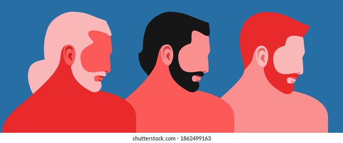 Three abstract male characters looking down. Elderly, adult and young men with gray, black and red hair. Vector illustration