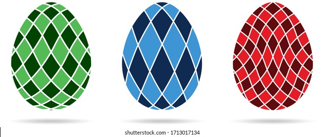 Three abstract mosaic Happy Easter Egg set on white isolated background