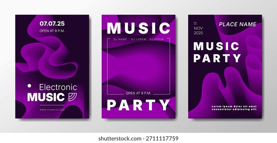 Three abstract music posters in dark purple colors.
