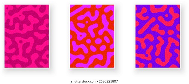 Three abstract organic patterns in pink, red, purple, and magenta with textured designs. Vibrant and eye-catching. Vector illustration.