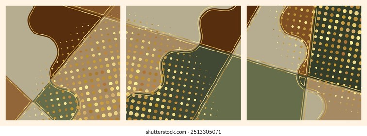 Three abstract paintings with gold and brown colors and dots. The paintings are arranged in a row. The paintings have a modern and artistic feel to them