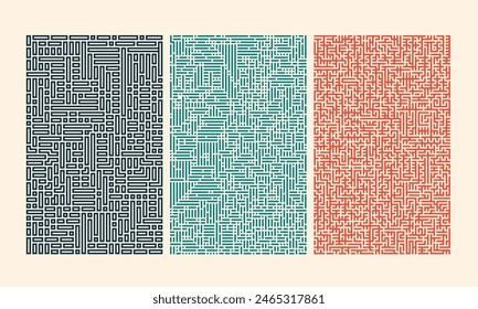 Three abstract patterns with different colors and shapes. The patterns are blue, green, and red. The blue pattern has a lot of lines and shapes, while the green pattern has a more organic feel