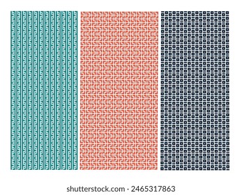 Three abstract patterns with different colors and shapes. The patterns are blue, green, and red. The blue pattern has a lot of lines and shapes, while the green pattern has a more organic feel