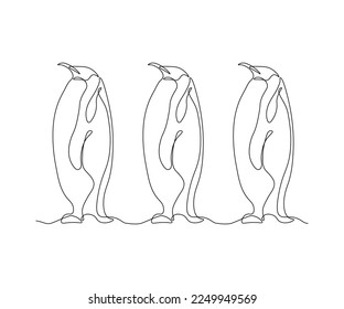 tres pingüinos abstractos en fila, dibujados a mano, línea mono continua, línea de una línea de arte