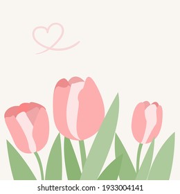 Three abstract pink tulips with green leaves with a pink painted heart on a yellow background. Greeting card for Mother's Day, women day 8 march 