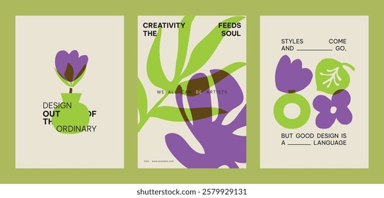 Three abstract posters with bold purple and green designs. Creative text highlights design themes. Modern, artistic, and vibrant. Design, creativity, and style. Creative floral poster template vector.