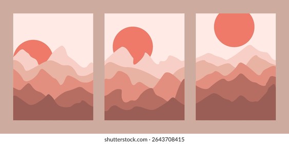 Three abstract posters with mountain landscape at sunset in flat design. Vector illustration with hills and big red sun. Calm, serene environment inspired by nature.