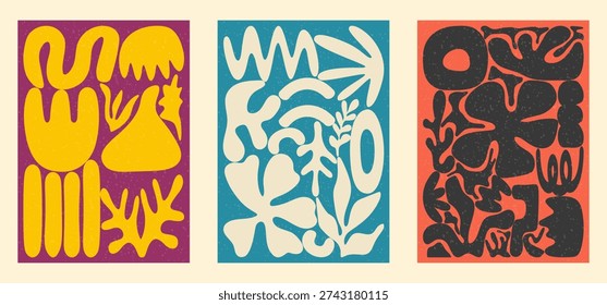Three abstract posters with organic cut out shapes on colorful textured backgrounds in a modern minimalist style