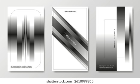 Three abstract posters with stripes made in black and white gradients.