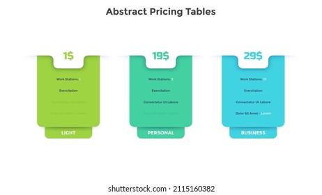 Tres tablas de precios abstractas, versiones de cuentas o planes de suscripción con una lista de características a comparar y elegir. Plantilla sencilla de diseño infográfico. Ilustración vectorial plana moderna para presentación.