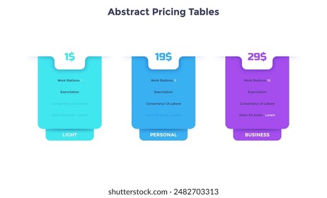 Tres tablas de Precios abstracto, versiones de Cuenta o Planes de suscripción con una lista de características para comparar y elegir. Simple Plantilla de diseño de infografía. Moderna Ilustración vectorial plana para presentación.