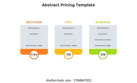 Drei abstrakte Preistabellen oder Mitgliedschaftspakete zur Auswahl mit einer Liste der enthaltenen Funktionen. Anfänger, Profi und Business. Einfache Infografik-Design-Vorlage. Vektorgrafik für Website, Banner.