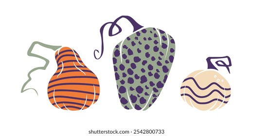 three abstract pumpkins with stripes, spots, and wavy patterns. Perfect for fall-themed designs, stickers, or seasonal invitations.