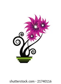 Three abstract, purple flowers on the simple black branch
