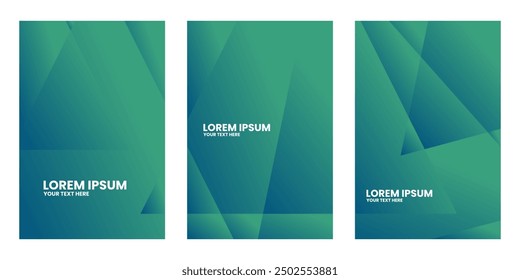 Three abstract rectangular shapes with overlapping triangles in shades of green.