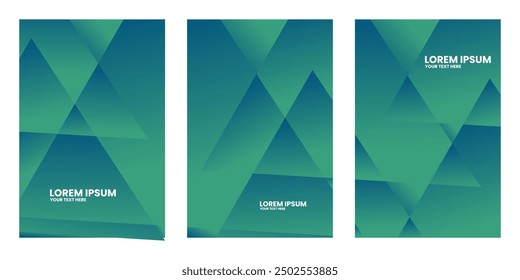 Three abstract rectangular shapes with overlapping triangles in shades of green.