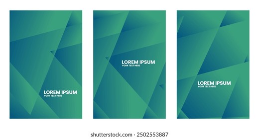 Three abstract rectangular shapes with overlapping triangles in shades of green.