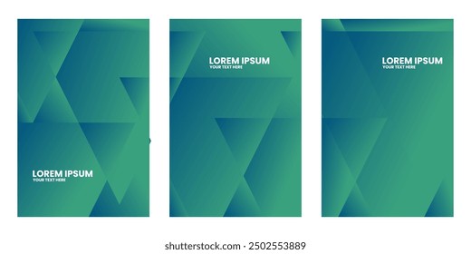 Three abstract rectangular shapes with overlapping triangles in shades of green.