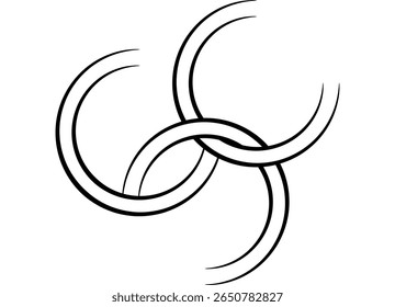 Três anéis abstratos. Padrão de vetor de linhas pretas finas em um plano de fundo branco. Elemento de design para publicidade, embalagem, impressão. Plano de fundo de vetor Sharp simétrico com local para texto. Olimpíadas