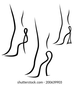 Three abstract samples of graceful female feet, black over white hand drawing sketching vector artwork
