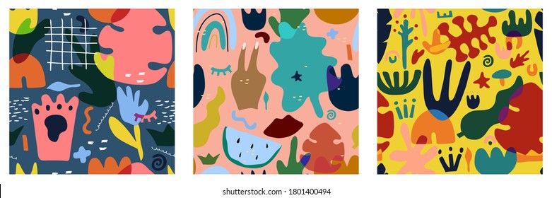 Three abstract seamless patterns. Simple shapes, doodle elements and nature floral texture. Modern colorful contemporary vector illustration. Hand drawing objects on bright colorful background.