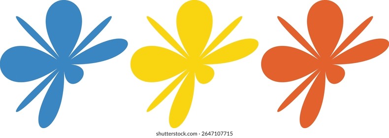 Three abstract shapes, one blue, one yellow, and one orange, are arranged