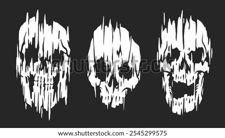 Three abstract skull designs showcase unique distorted features in a striking white color against a black background creating a bold modern aesthetic perfect for art or graphic design.