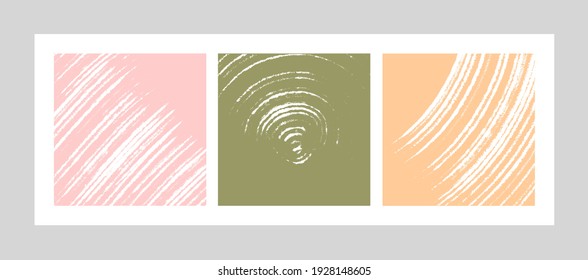 Drei abstrakte quadratische Gemälde. Mit einem breiten Pinsel gezeichnet. Minimalismus, Streifen, Linien und Kreise. Weiche, ruhige Farben.