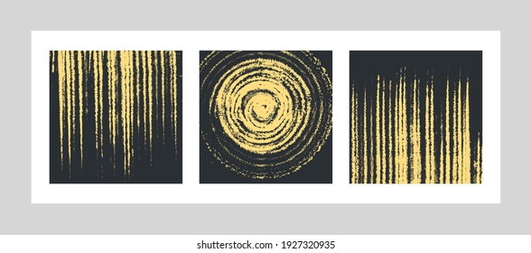 Three abstract square paintings. Minimalism, stripes, lines, and circles Black and gold