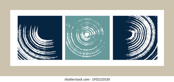 Three abstract square paintings. Minimalism, stripes, lines and circles drawn with a wide brush. Blue and white color. For interior decoration and as a background for postcards.