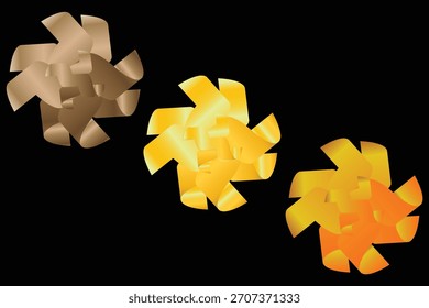 Tres Formas abstractas de estallido estelar en colores cálidos sobre un fondo negro