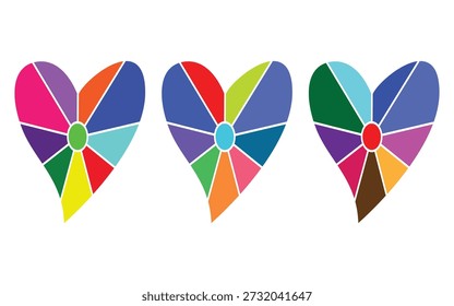 Tres corazones estilizados abstractos con múltiples segmentos de color similares a gráficos circulares irradian desde un círculo central, representando la diversidad y el amor a través de varias paletas de colores sobre un fondo blanco limpio.