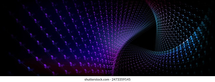 Three abstract surfaces mage from neon glowing blue and purple dots and lines twist into triangular tunnel on black background. Realistic 3d vector geometric bg with triangle futuristic portal.