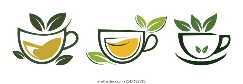 Three Abstract Tea Cup Designs with Leaves