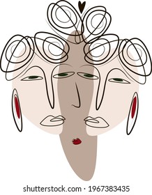 Three abstract trendy faces. Faces of different colors of different races. Linear drawing. Poster. Postcard. Design element.