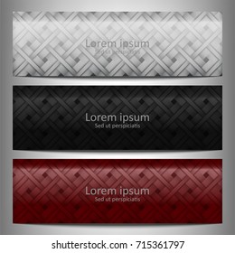 Three abstract vector banner weaving pattern on monochrome background