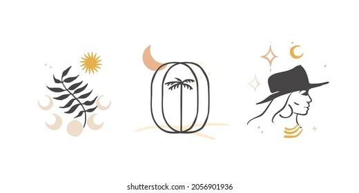 Tres ilustraciones vectoriales abstractas al estilo boho de moda. Afiche bohemio aislado, tarjeta, conceptos con elementos naturales sobre un fondo blanco.