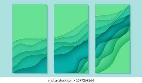 Three abstract vertical flyer collection in cut paper style. Set of cutout green wave template for for save the Earth posters environment ecology elements. Vector aquamarine applique card illustration