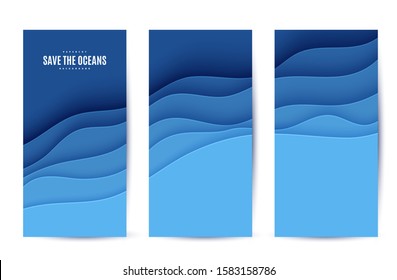 Three abstract vertical flyer collection in cut paper style. Set of cutout blue sea wave template for for save the Earth posters World Water Day eco brochures. Vector water applique card illustration