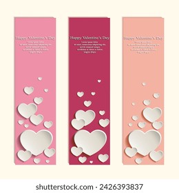 Three abstract vertical Valentine's banners in retro style with cute white hearts with shadows and space for text on a beige background
