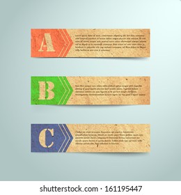 Three abstract vintage old paper banners / stickers / badges with print decorations, one two three steps