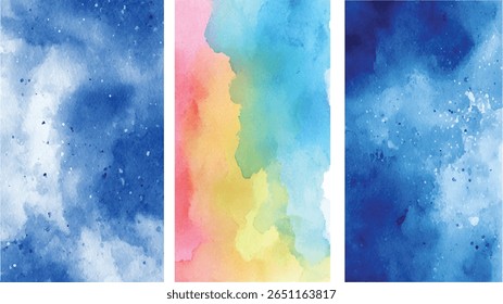 Três planos de fundo de aquarela abstratos com manchas azuis e um gradiente de arco-íris.