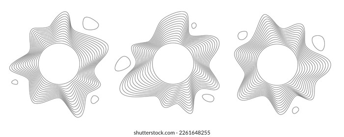 Three abstract wavy linear frames with a circle shape inside. Modern dynamic, flowing shapes for logo, label or emblem design.
