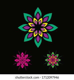 Tres flores abstractas de yoga en el fondo negro