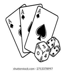 Tres cartas de espada ace y dados para el juego